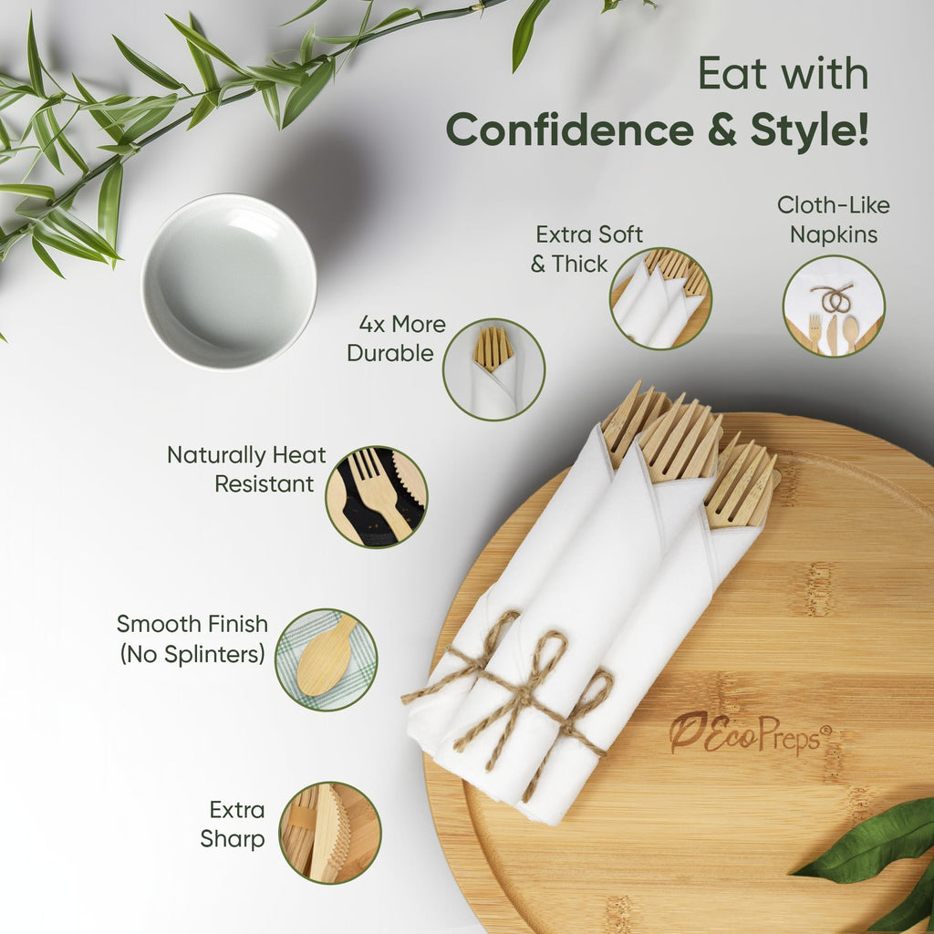 EcoPreps Pre-Rolled Bamboo Cutlery & Napkin Set