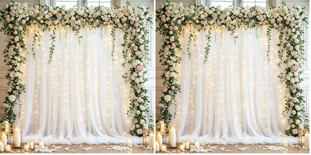 10x10FT Sheer Tulle Backdrop Curtain with String Lights