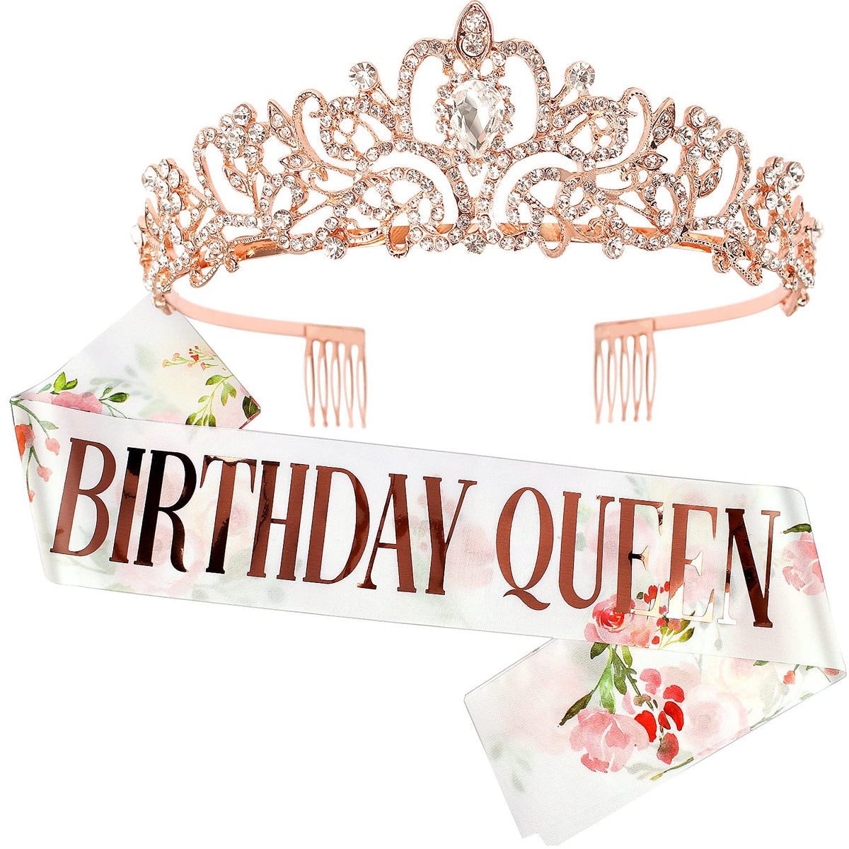 COCIDE Birthday Queen Silver Tiara & Glitter Sash Set