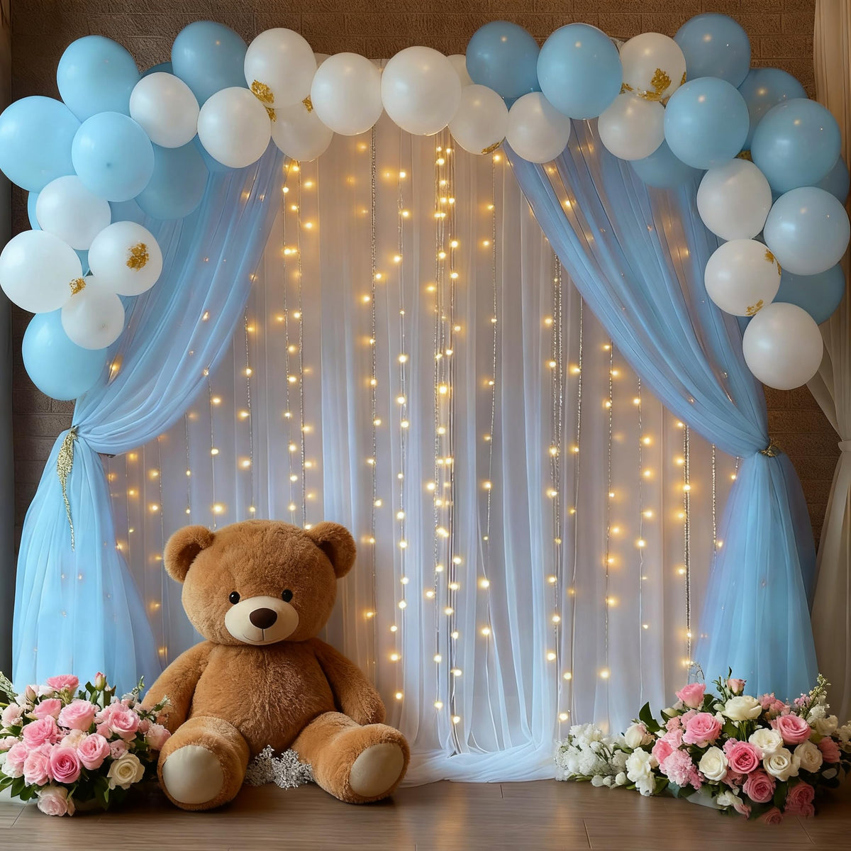 10x10FT Sheer Tulle Backdrop Curtain with String Lights
