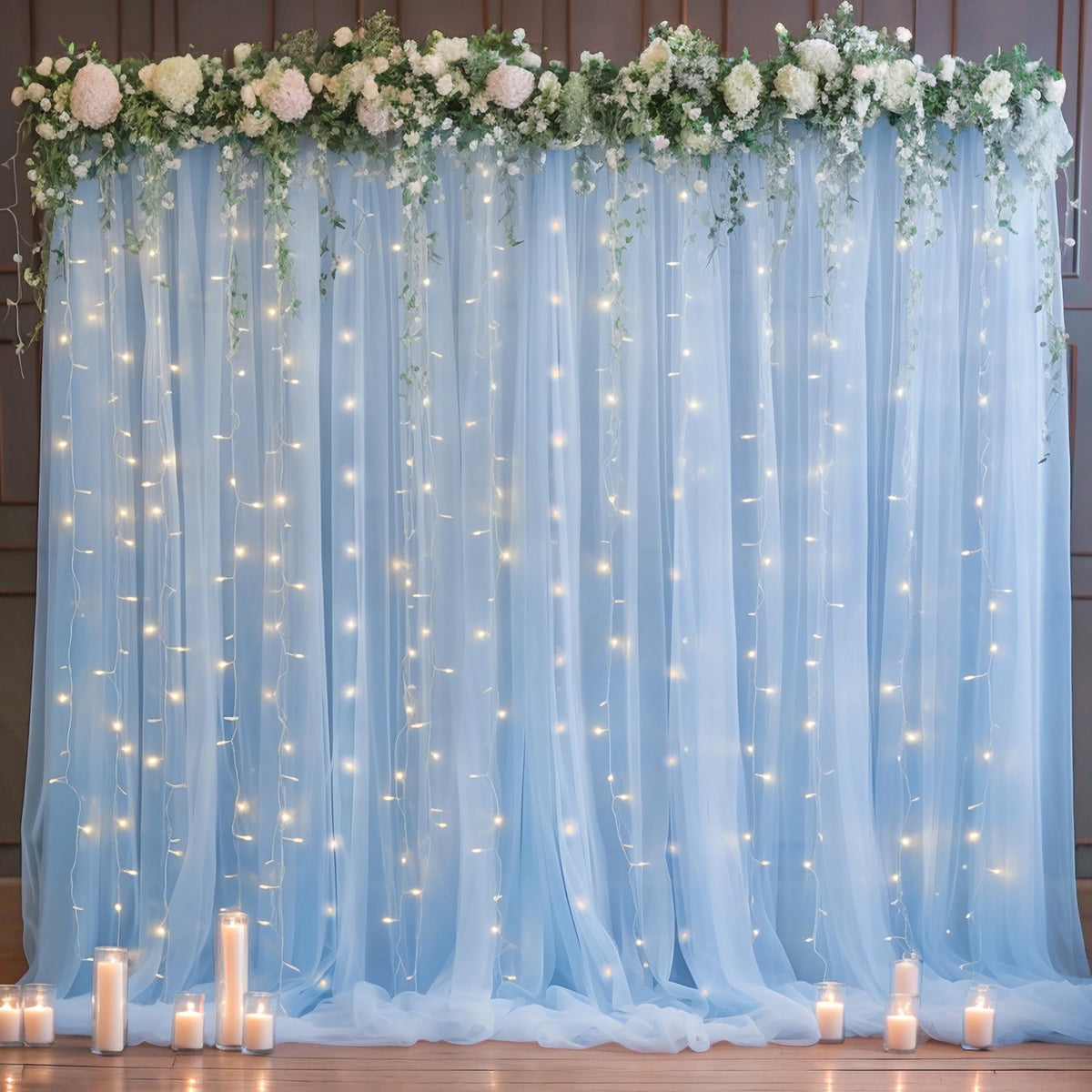 10x10FT Sheer Tulle Backdrop Curtain with String Lights