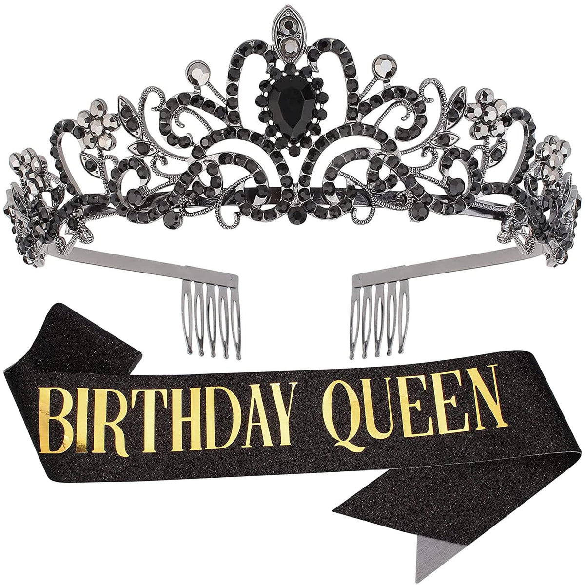 COCIDE Birthday Queen Silver Tiara & Glitter Sash Set