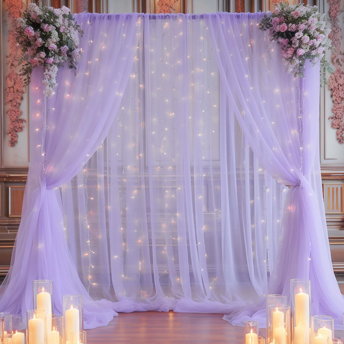 10x10FT Sheer Tulle Backdrop Curtain with String Lights