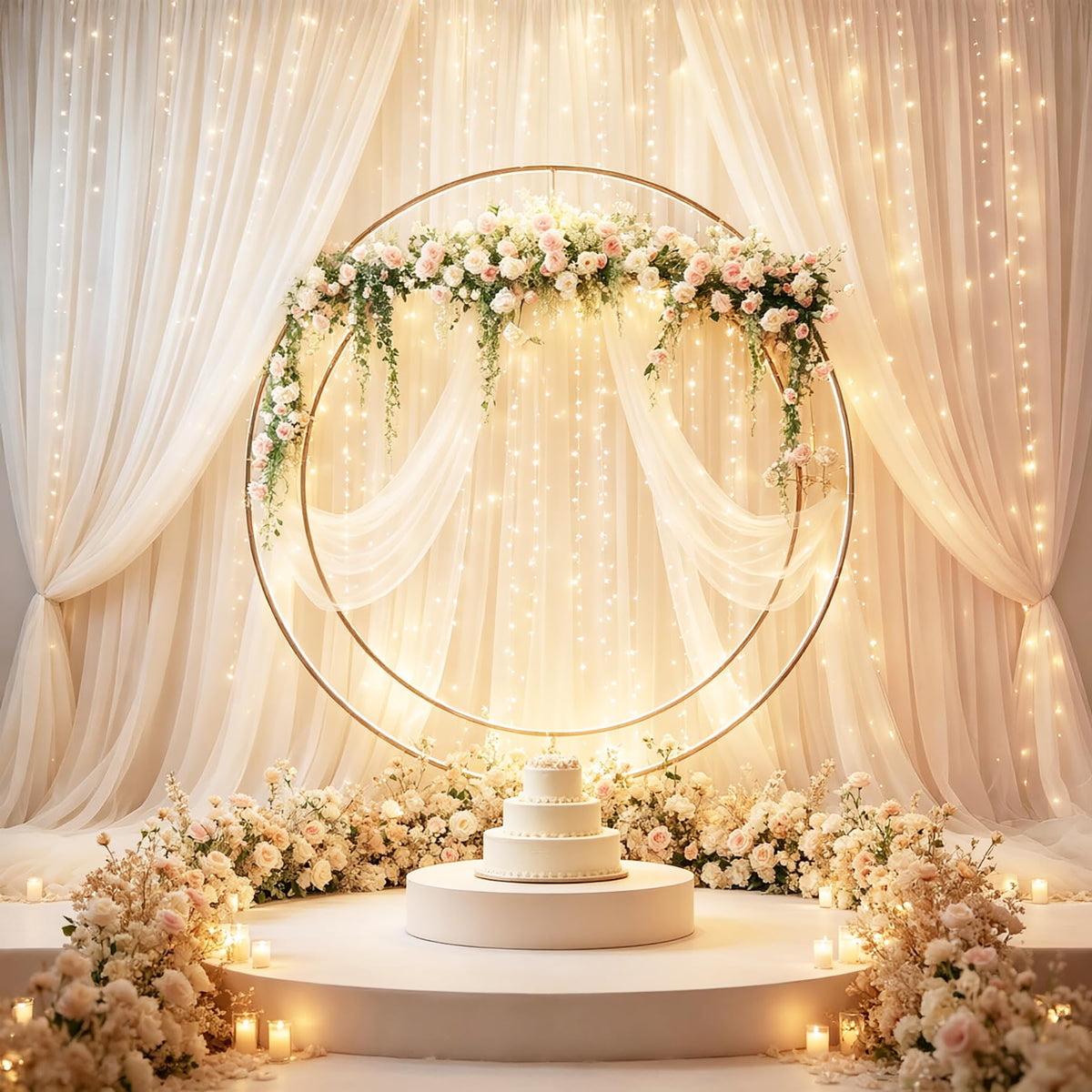 10x10FT Sheer Tulle Backdrop Curtain with String Lights