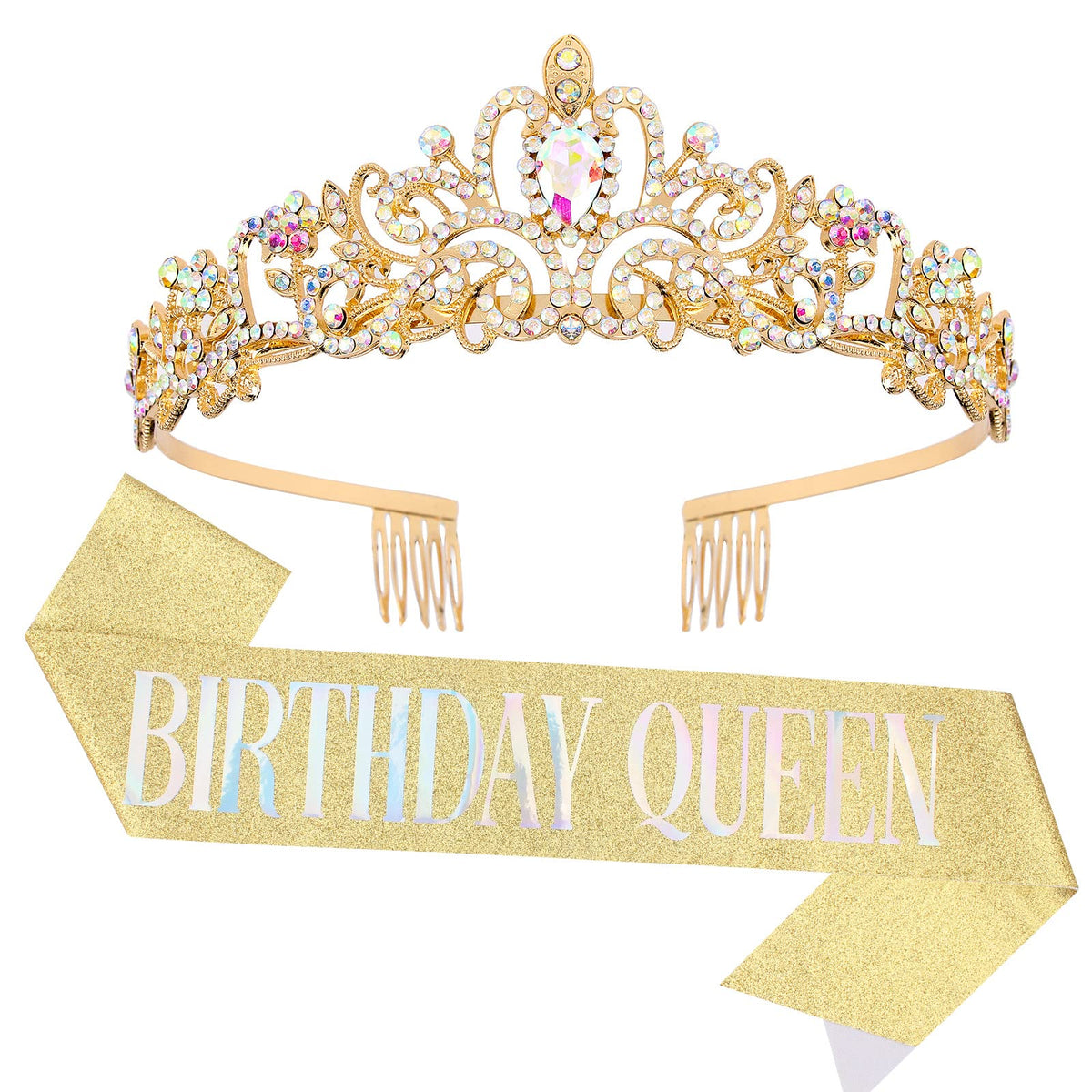 COCIDE Birthday Queen Silver Tiara & Glitter Sash Set