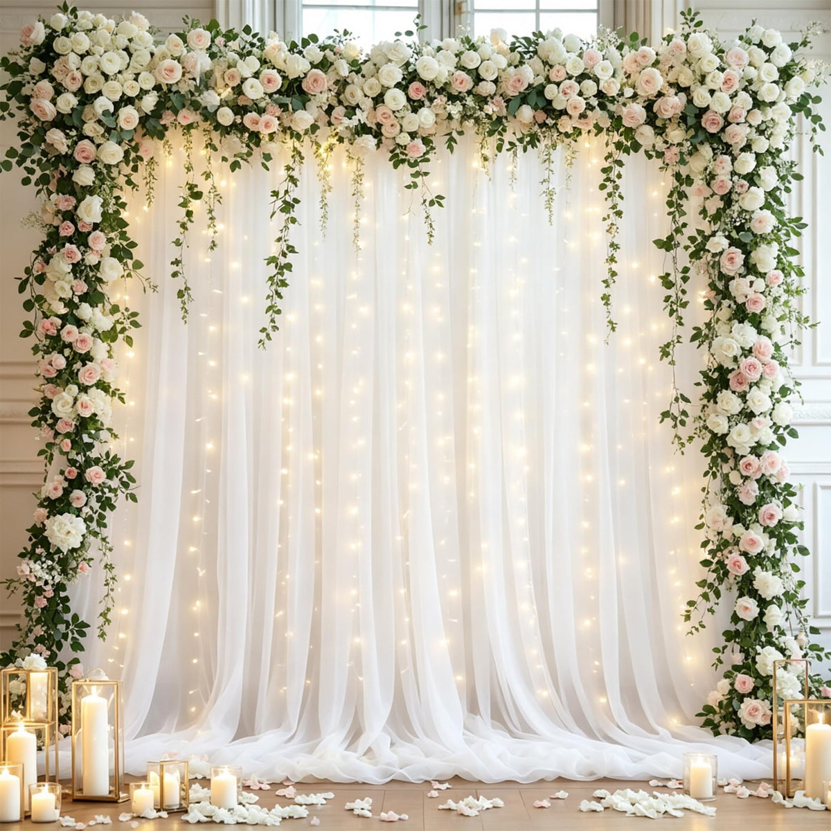 10x10FT Sheer Tulle Backdrop Curtain with String Lights