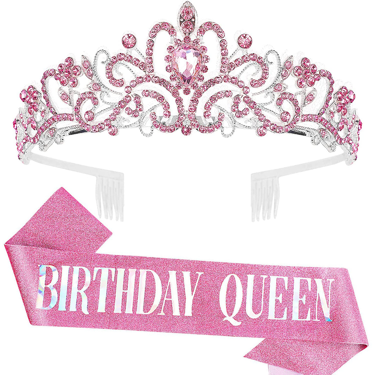 COCIDE Birthday Queen Silver Tiara & Glitter Sash Set