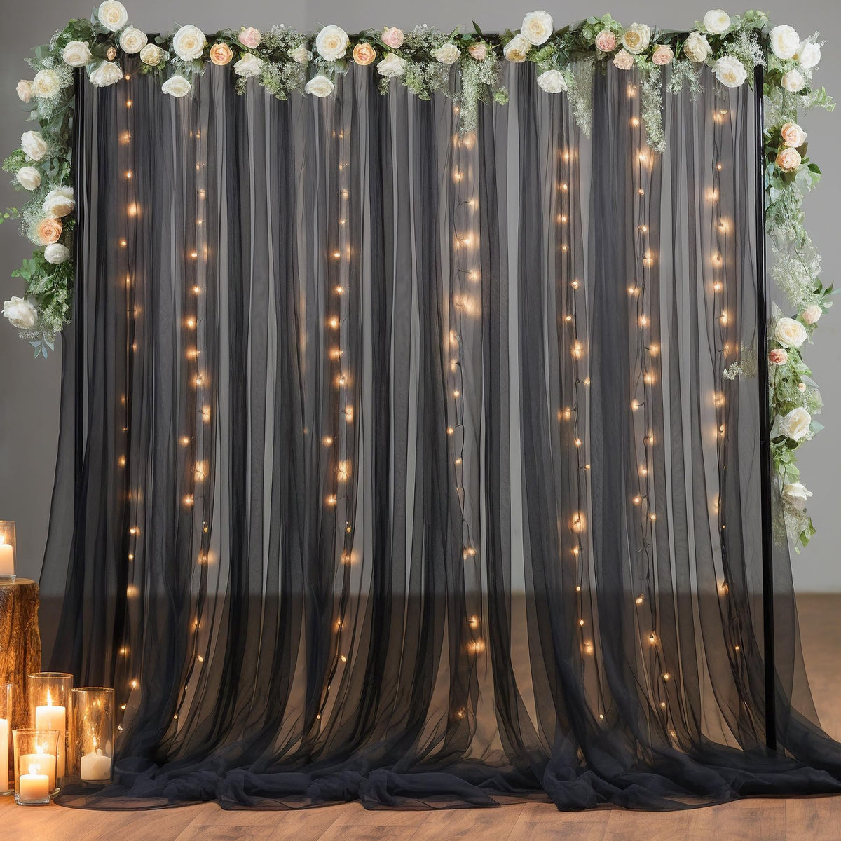 10x10FT Sheer Tulle Backdrop Curtain with String Lights