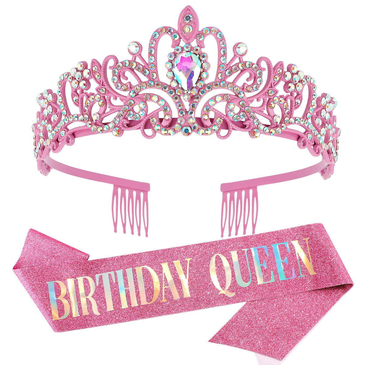 COCIDE Birthday Queen Silver Tiara & Glitter Sash Set