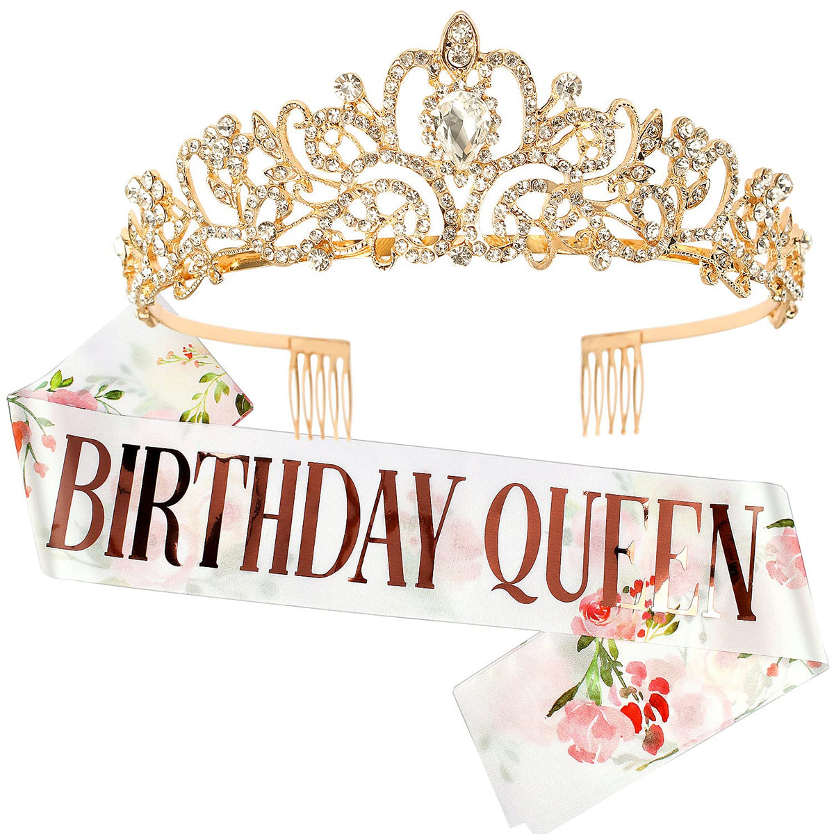 COCIDE Birthday Queen Silver Tiara & Glitter Sash Set