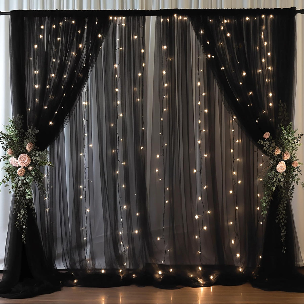 10x10FT Sheer Tulle Backdrop Curtain with String Lights