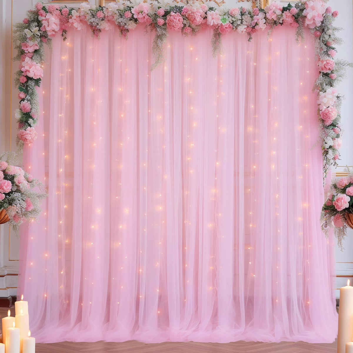 10x10FT Sheer Tulle Backdrop Curtain with String Lights
