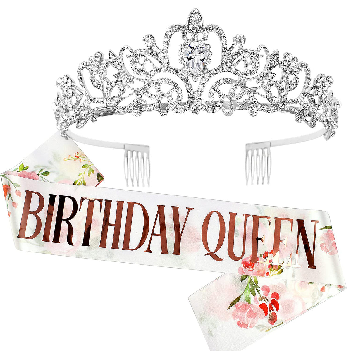 COCIDE Birthday Queen Silver Tiara & Glitter Sash Set