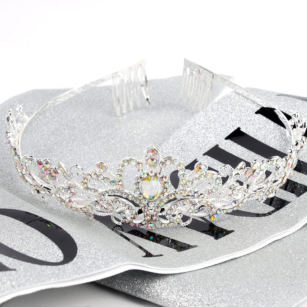 COCIDE Birthday Queen Silver Tiara & Glitter Sash Set