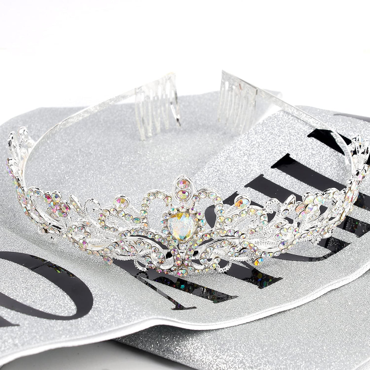 COCIDE Birthday Queen Silver Tiara & Glitter Sash Set