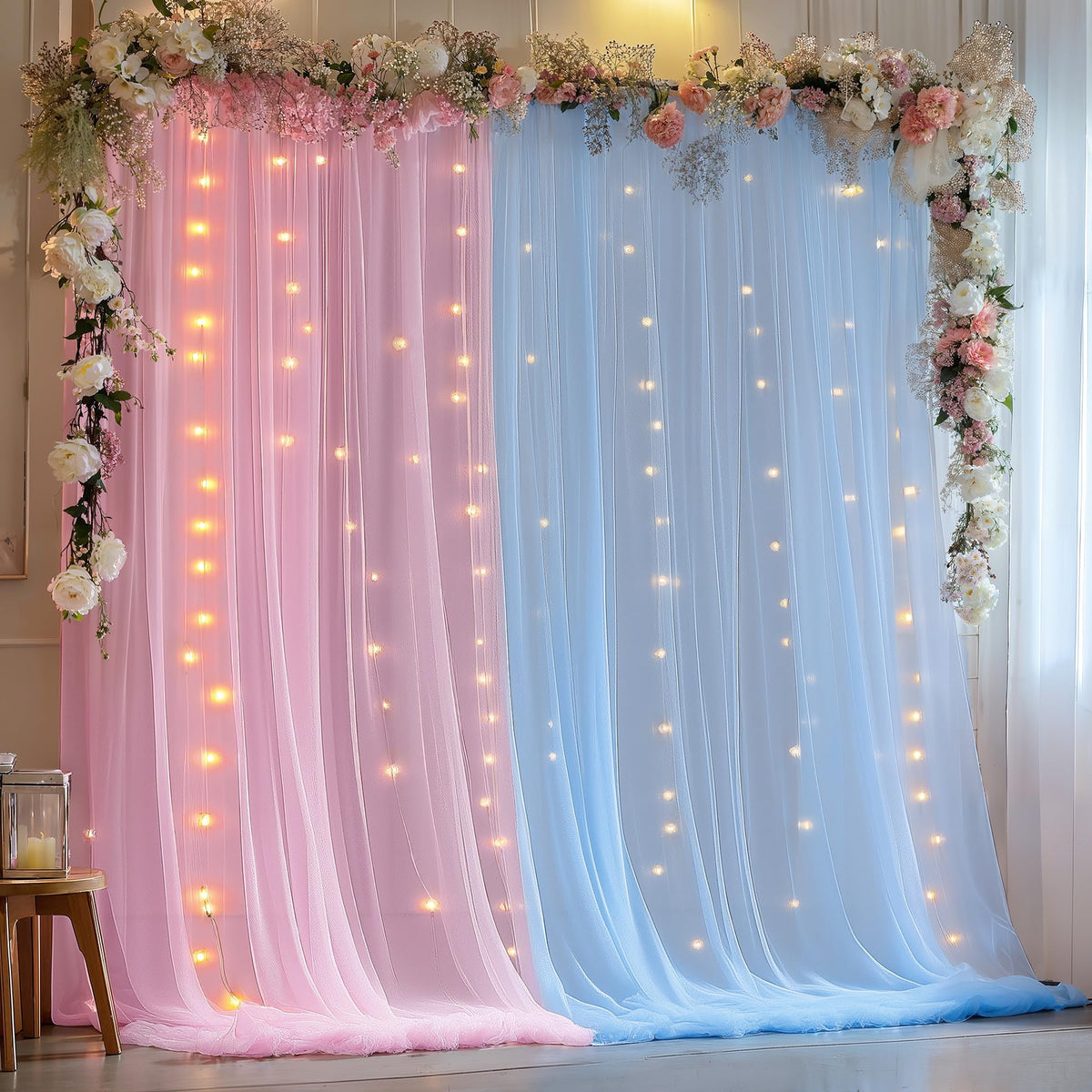 10x10FT Sheer Tulle Backdrop Curtain with String Lights