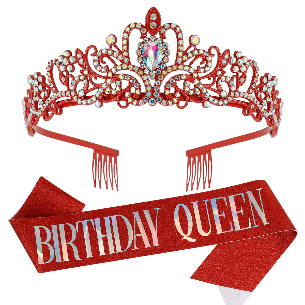 COCIDE Birthday Queen Silver Tiara & Glitter Sash Set