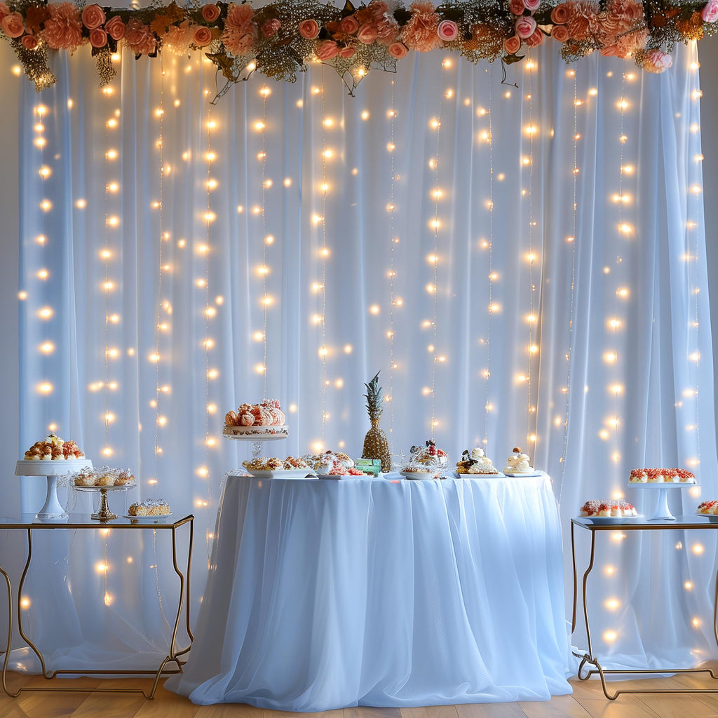 10x10FT Sheer Tulle Backdrop Curtain with String Lights
