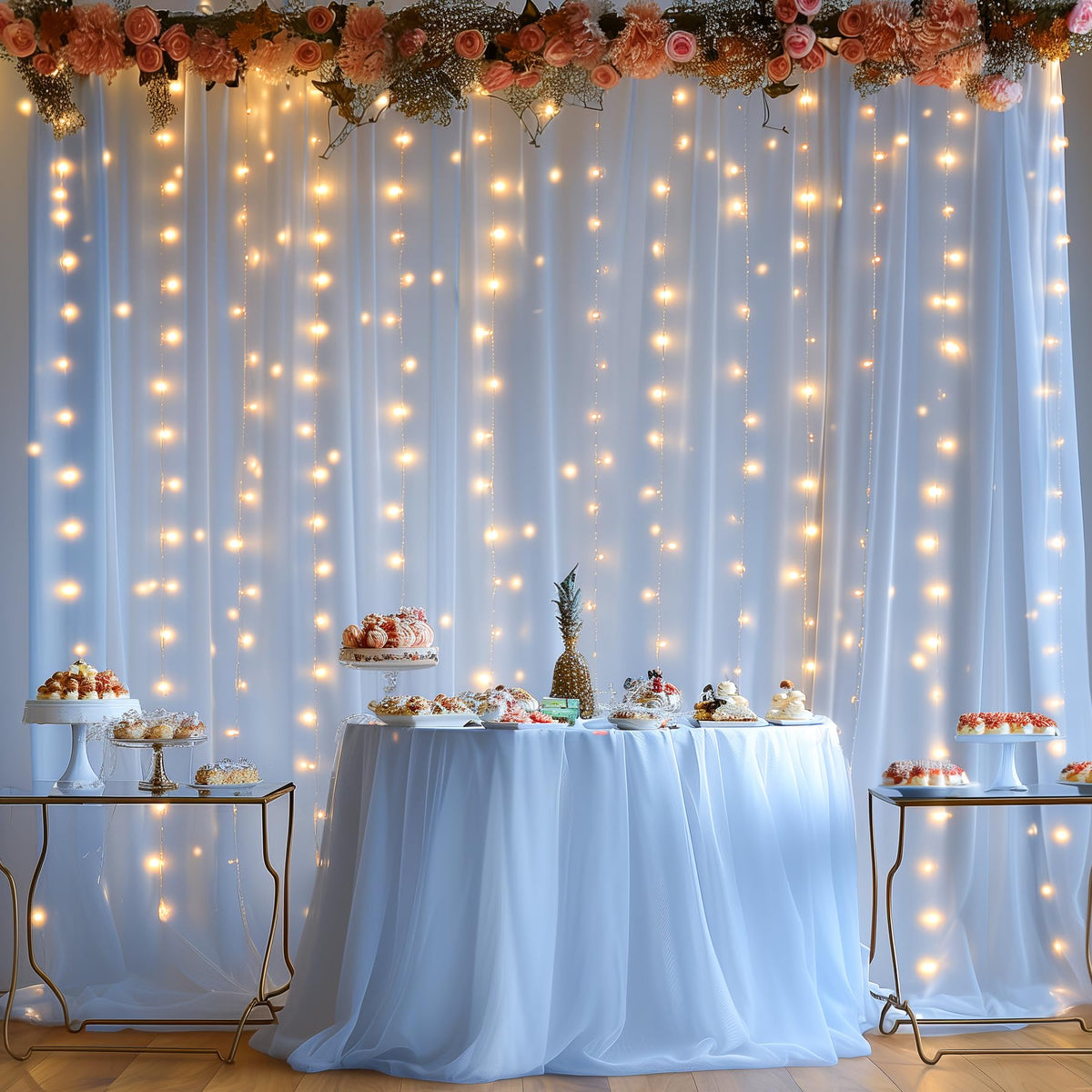 10x10FT Sheer Tulle Backdrop Curtain with String Lights