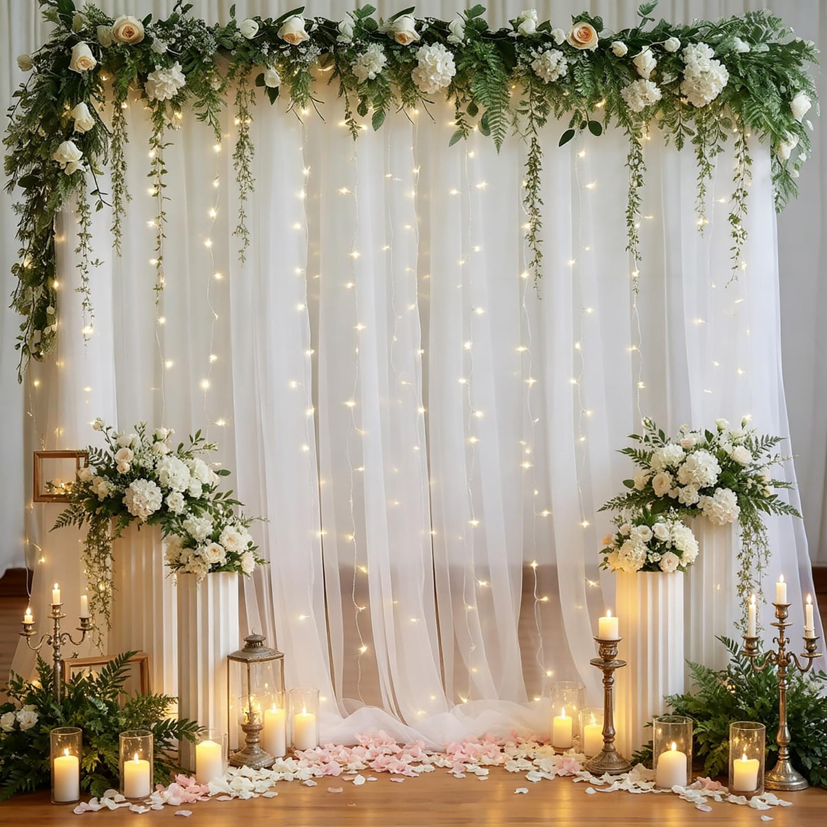 10x10FT Sheer Tulle Backdrop Curtain with String Lights