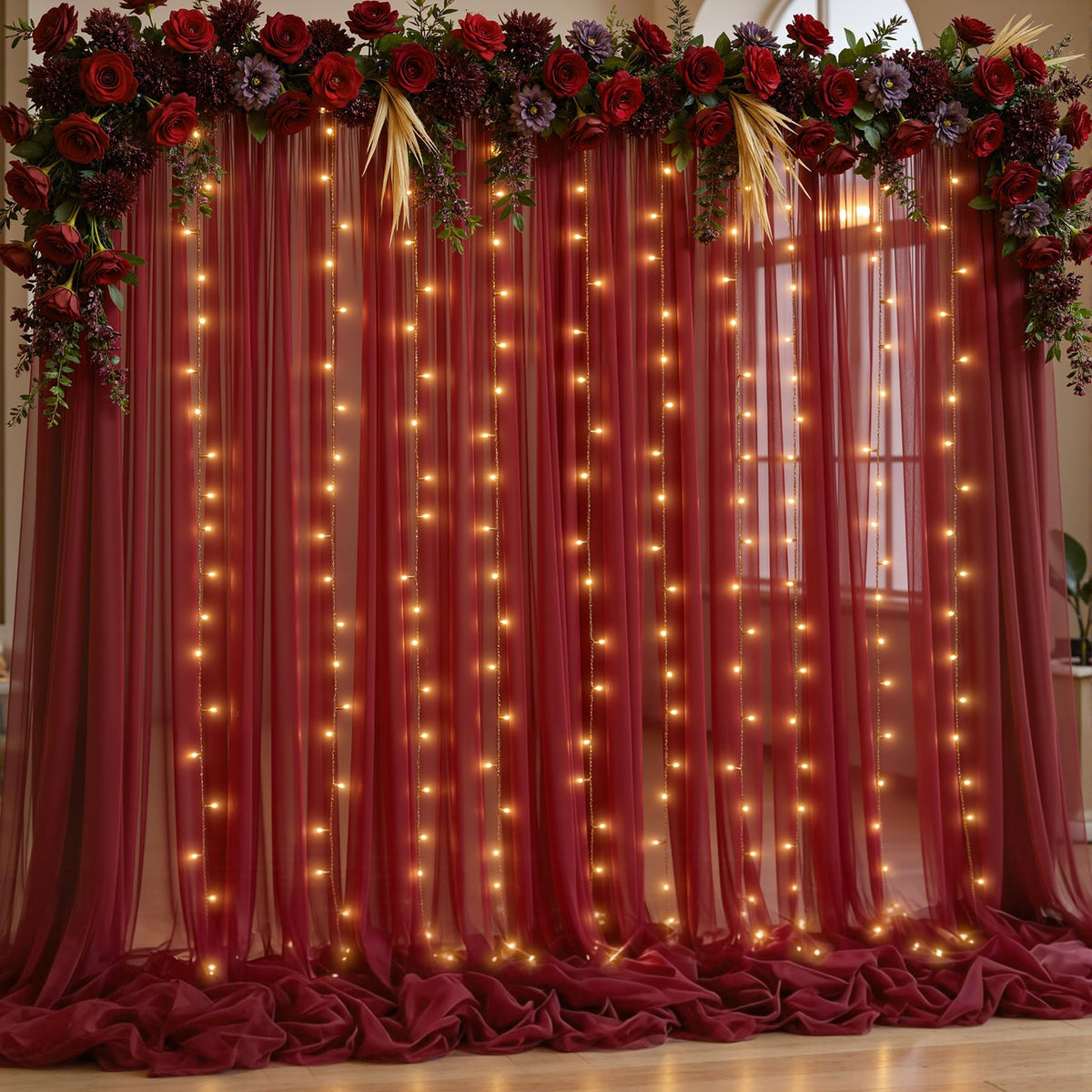 10x10FT Sheer Tulle Backdrop Curtain with String Lights