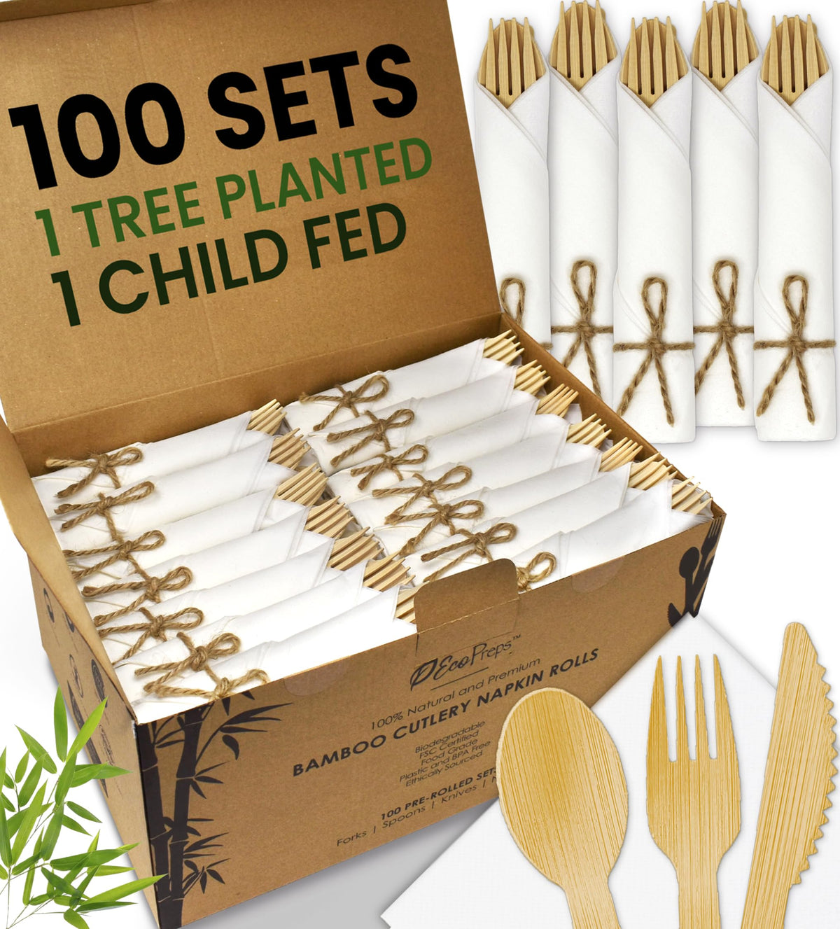 EcoPreps Pre-Rolled Bamboo Cutlery & Napkin Set