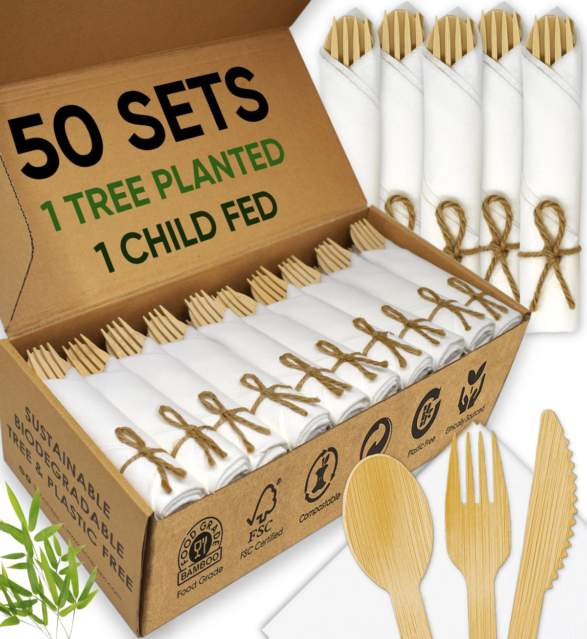EcoPreps Pre-Rolled Bamboo Cutlery & Napkin Set