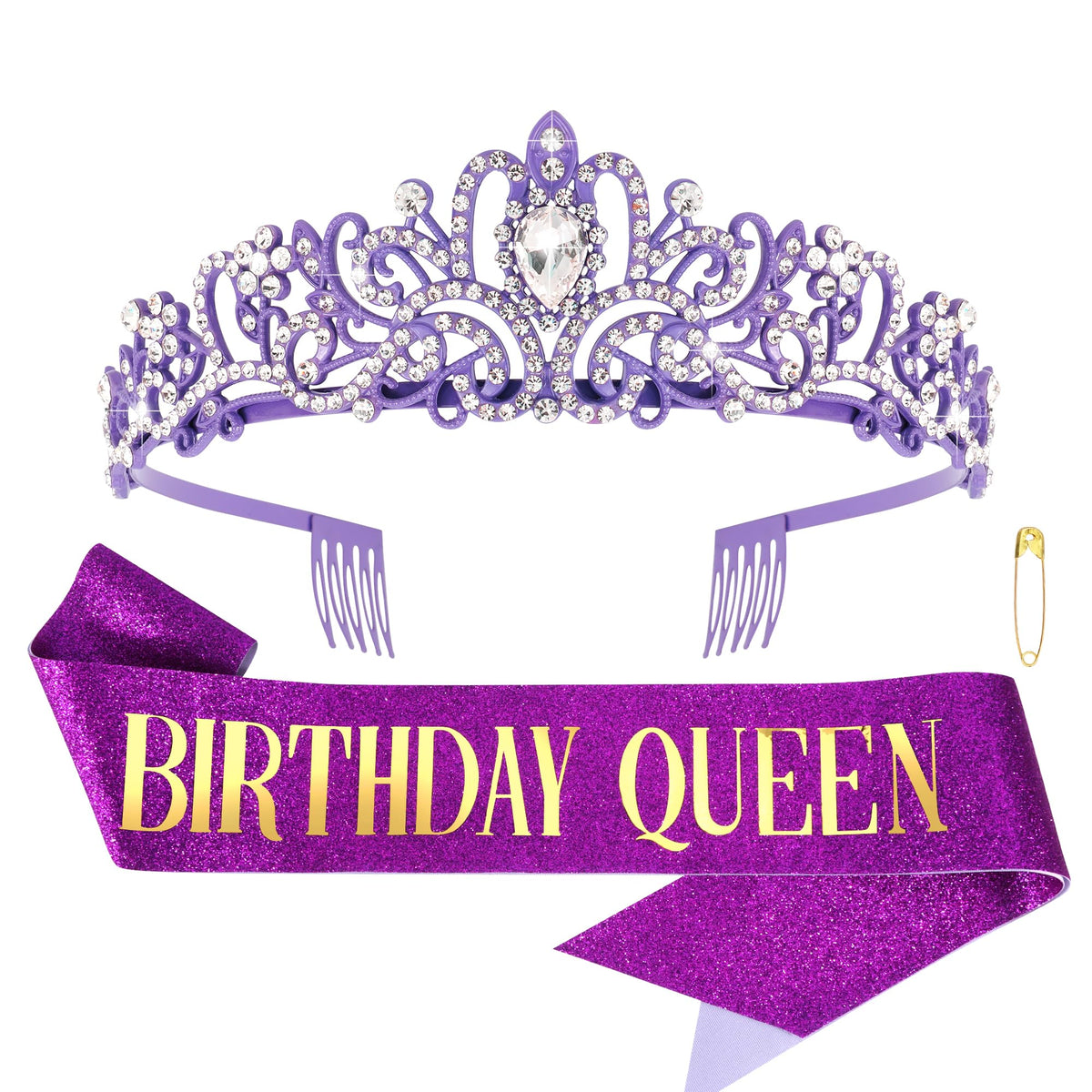 COCIDE Birthday Queen Silver Tiara & Glitter Sash Set