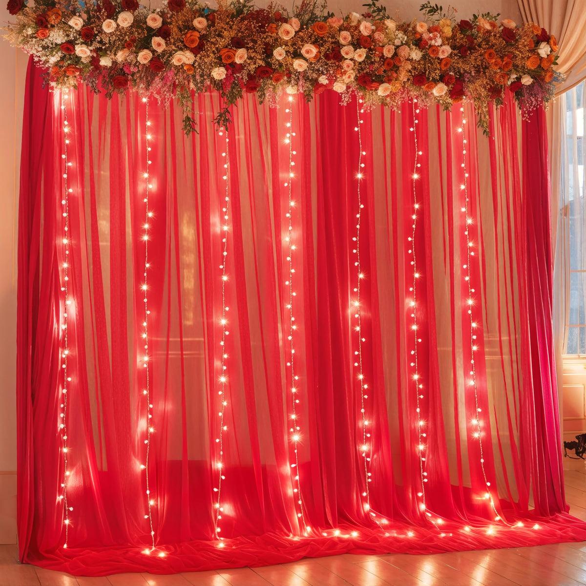 10x10FT Sheer Tulle Backdrop Curtain with String Lights