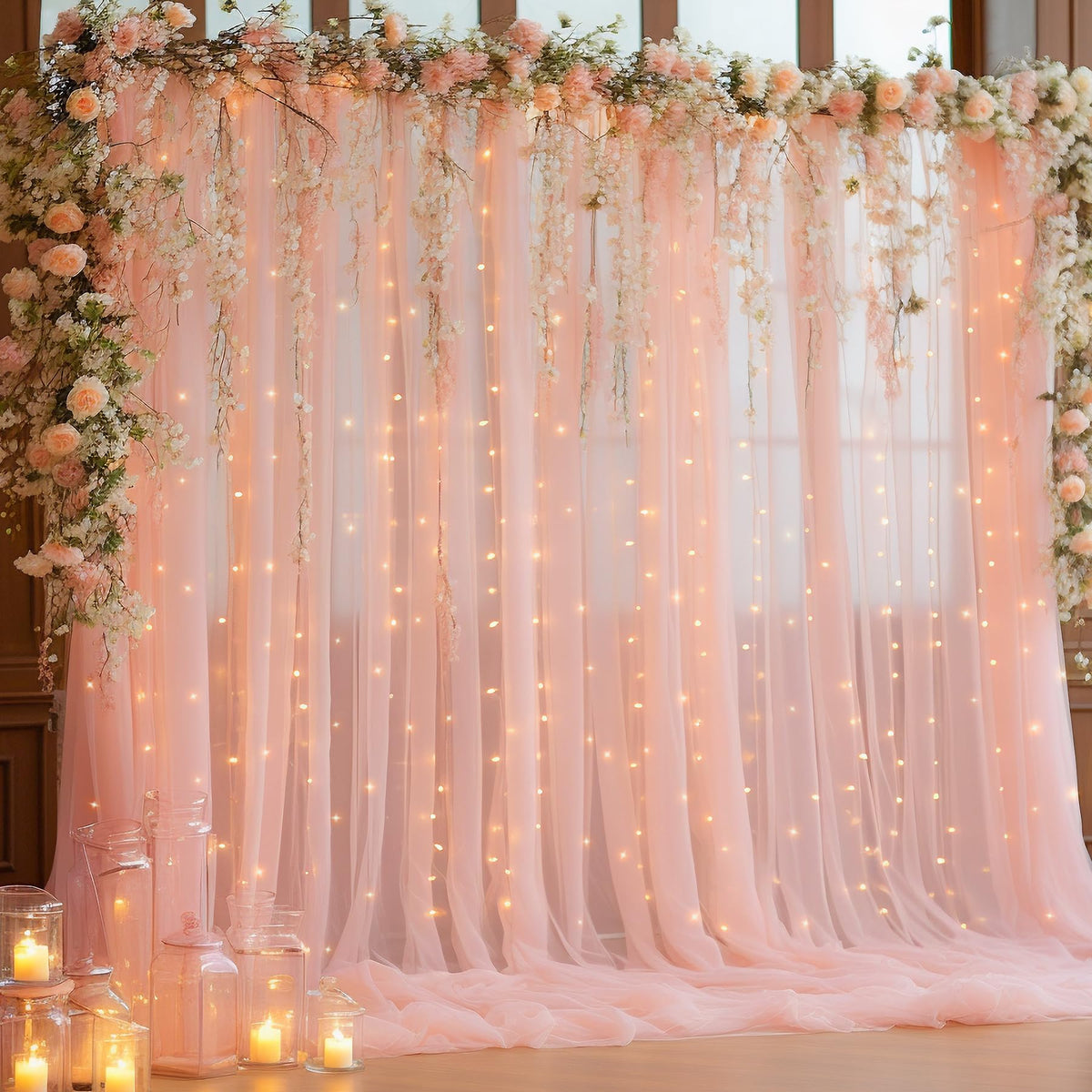 10x10FT Sheer Tulle Backdrop Curtain with String Lights