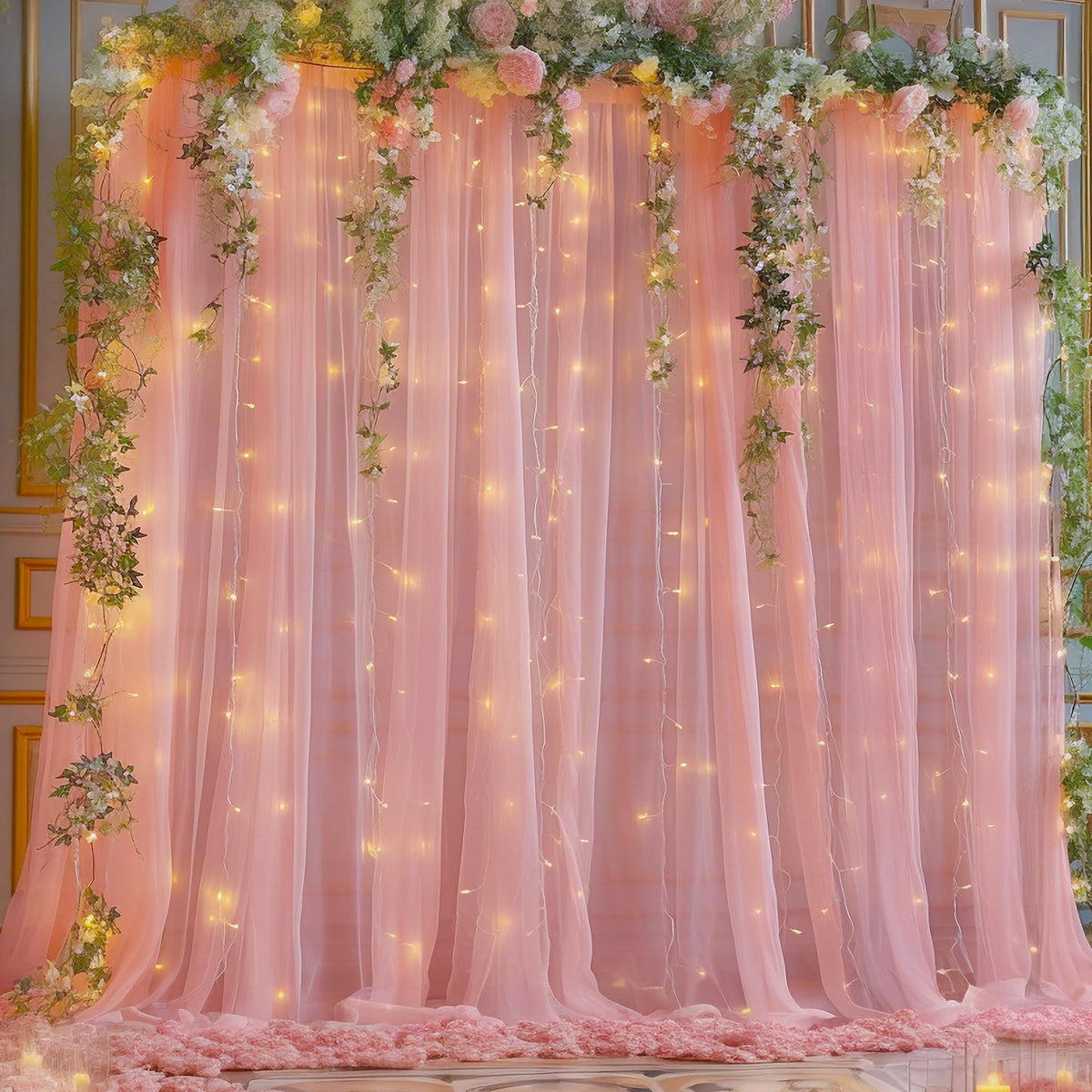 10x10FT Sheer Tulle Backdrop Curtain with String Lights