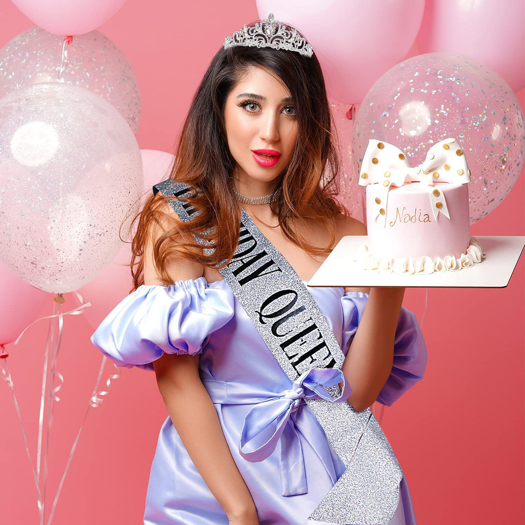 COCIDE Birthday Queen Silver Tiara & Glitter Sash Set