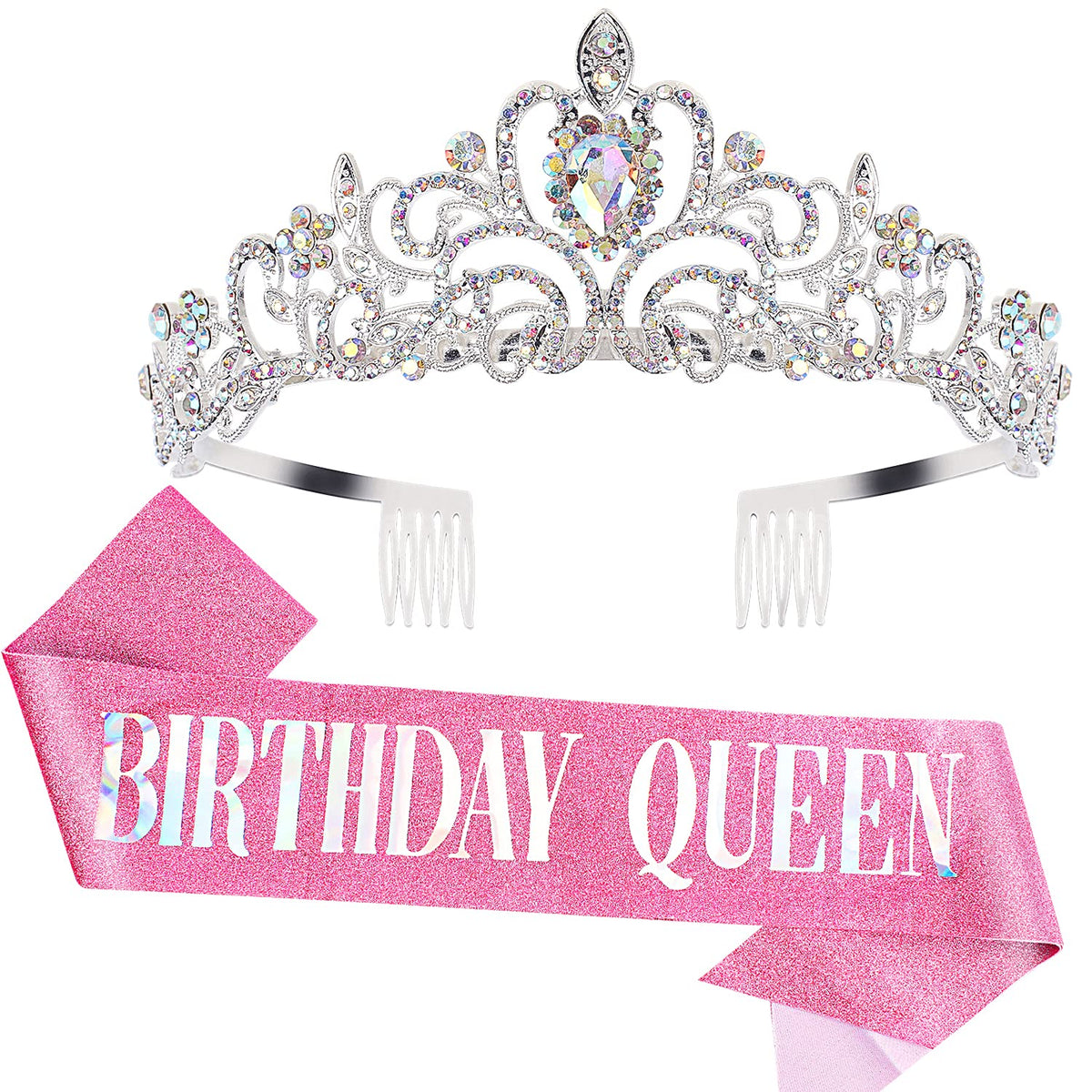 COCIDE Birthday Queen Silver Tiara & Glitter Sash Set