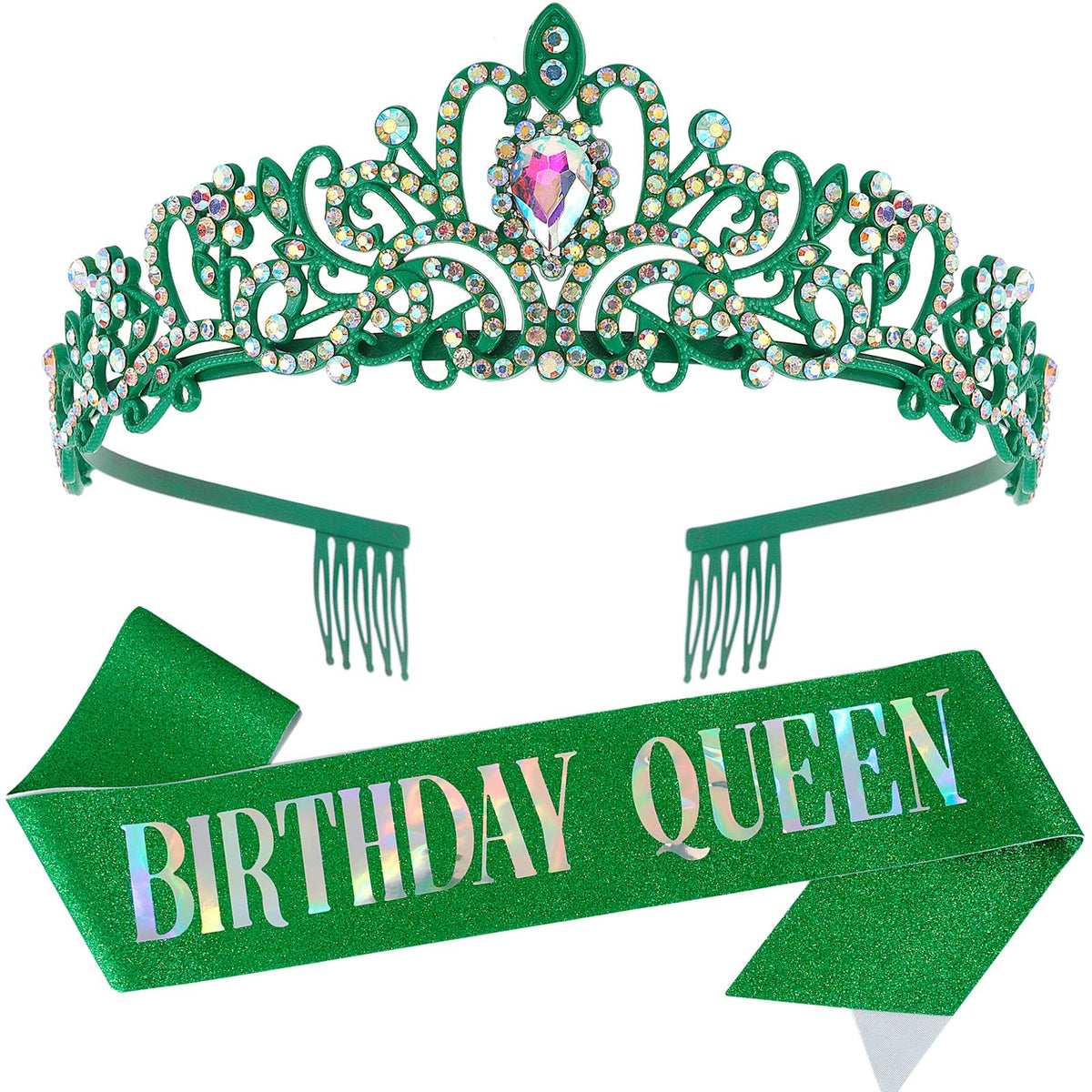 COCIDE Birthday Queen Silver Tiara & Glitter Sash Set