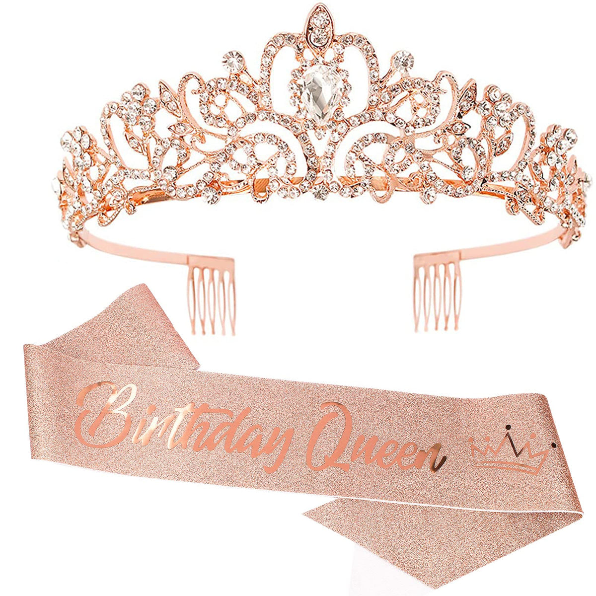 COCIDE Birthday Queen Silver Tiara & Glitter Sash Set