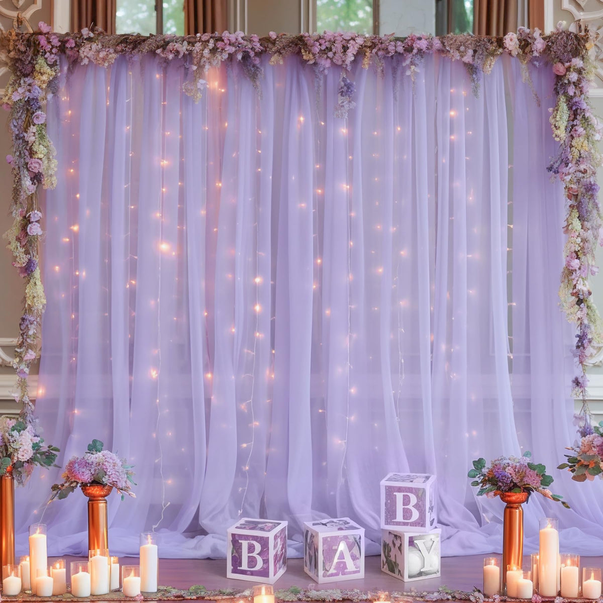 10x10FT Sheer Tulle Backdrop Curtain with String Lights