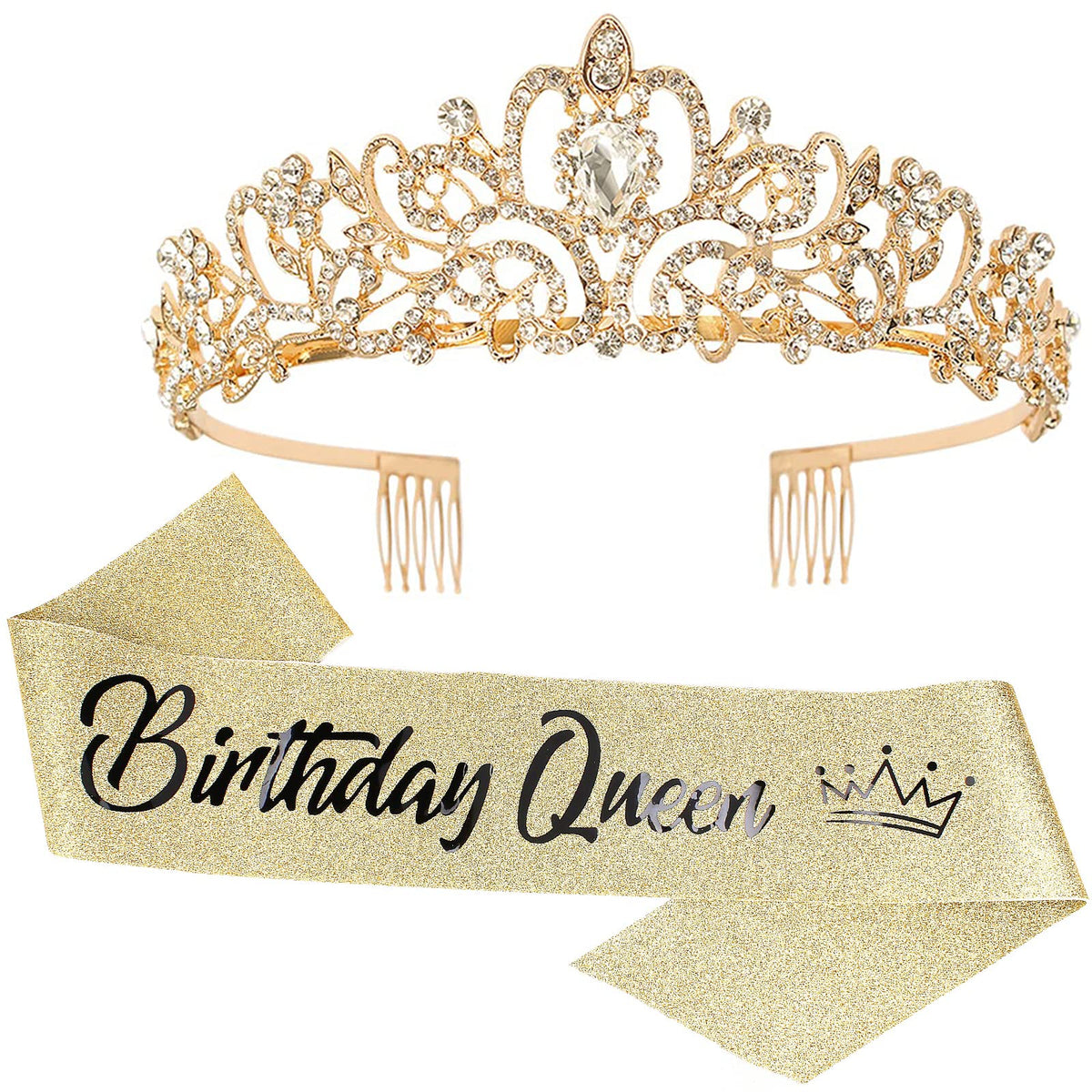 COCIDE Birthday Queen Silver Tiara & Glitter Sash Set
