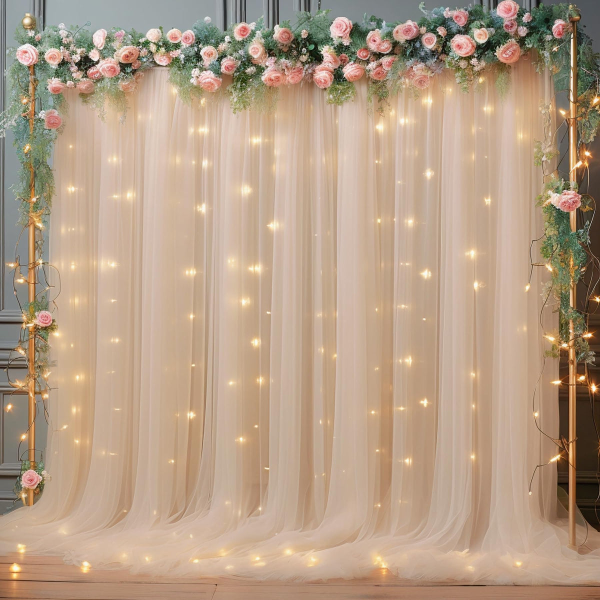 10x10FT Sheer Tulle Backdrop Curtain with String Lights