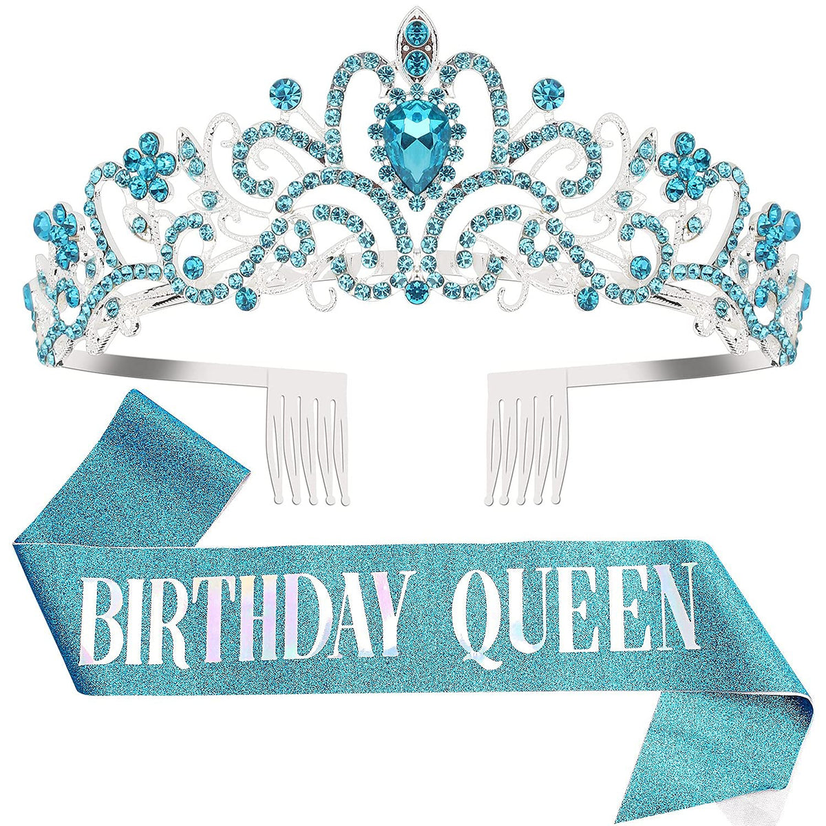 COCIDE Birthday Queen Silver Tiara & Glitter Sash Set