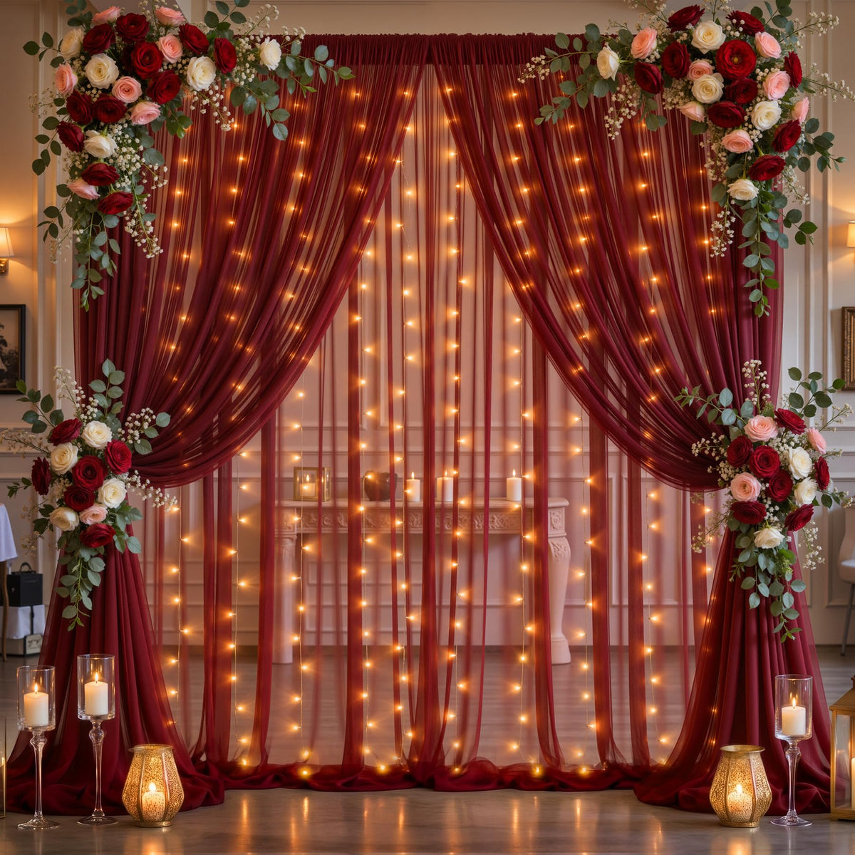 10x10FT Sheer Tulle Backdrop Curtain with String Lights