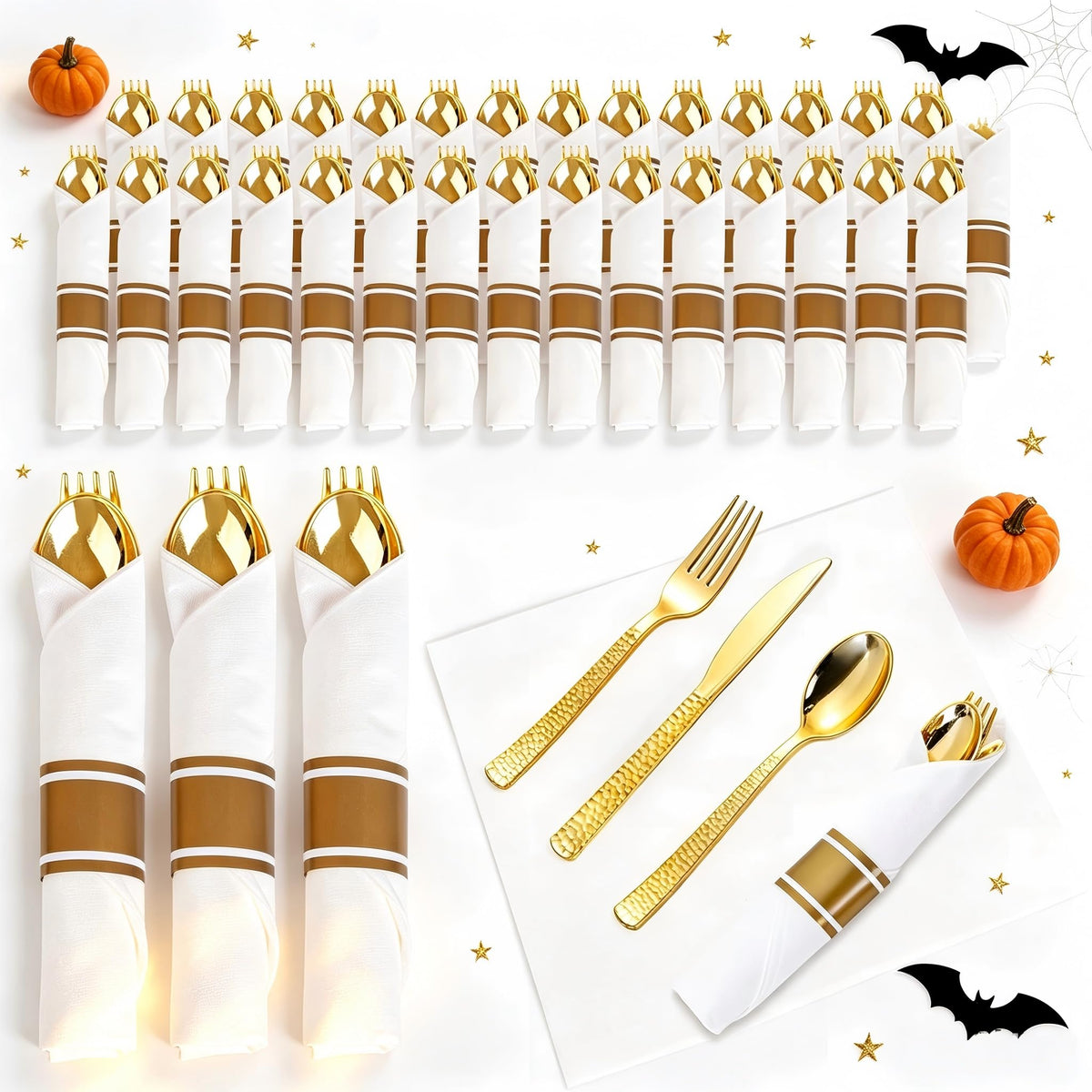 WELLIFE 100-Pack Gold Pre-Rolled Plastic Cutlery Sets