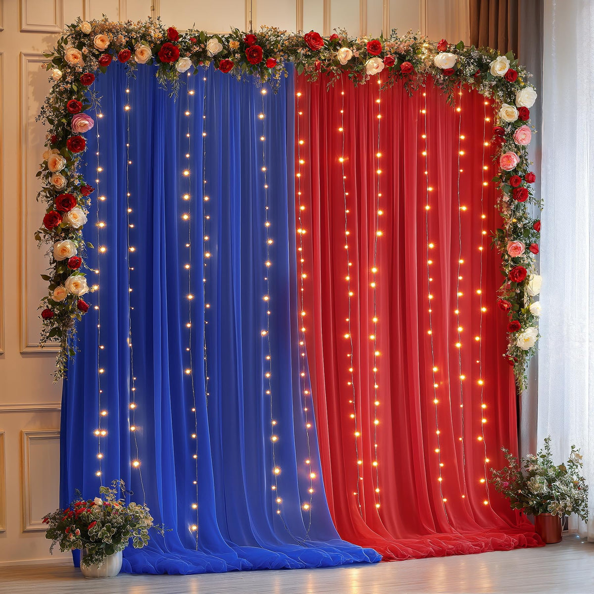10x10FT Sheer Tulle Backdrop Curtain with String Lights