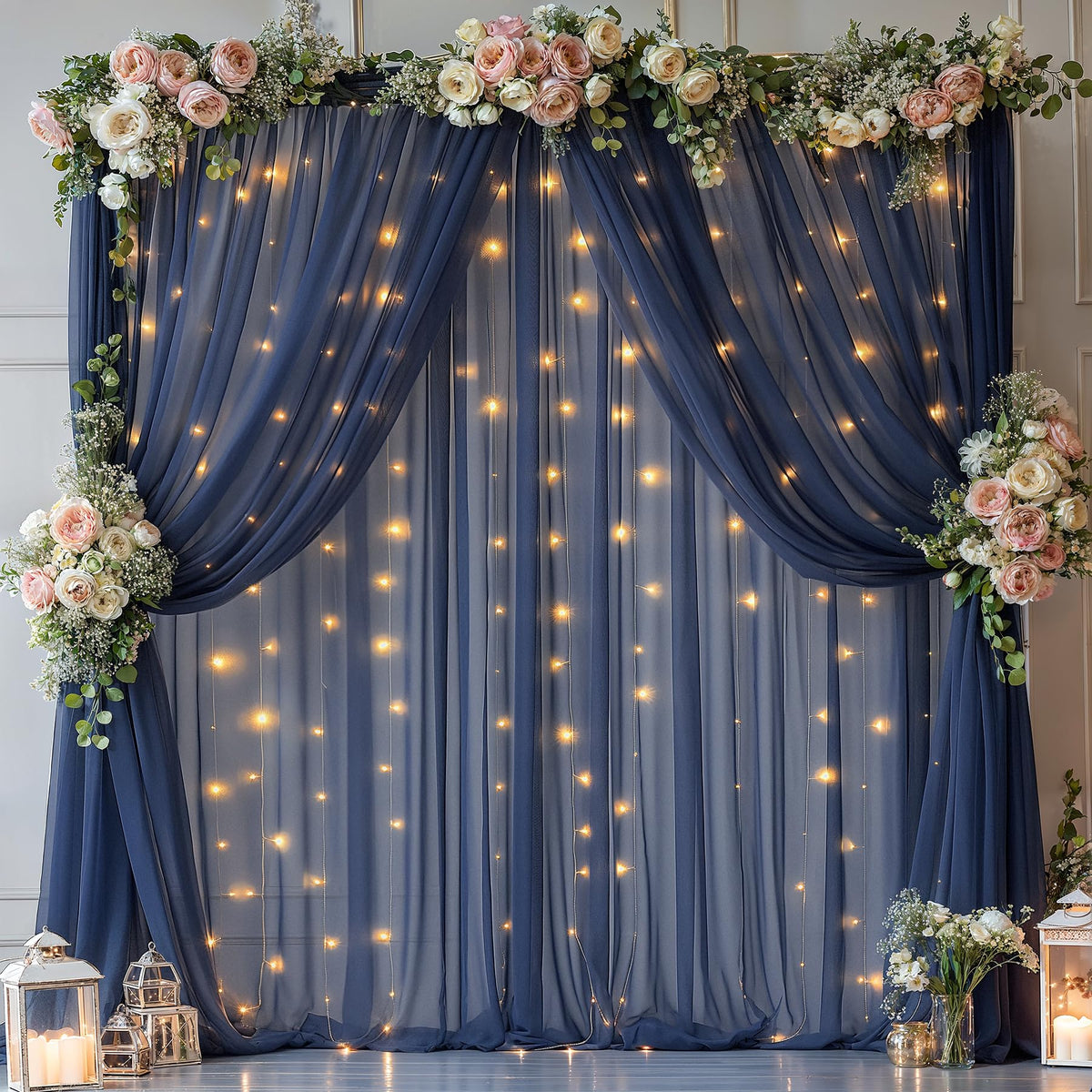 10x10FT Sheer Tulle Backdrop Curtain with String Lights