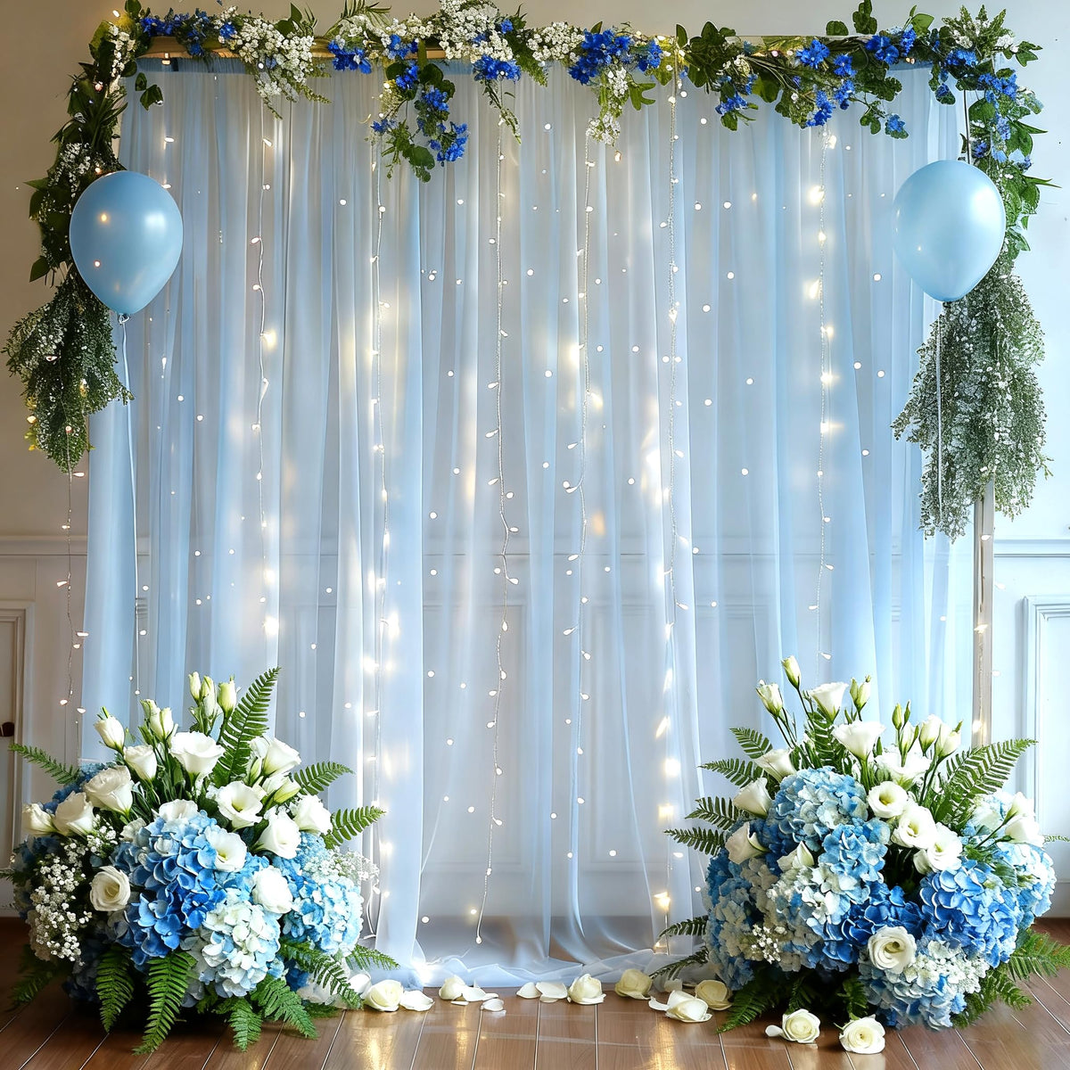 10x10FT Sheer Tulle Backdrop Curtain with String Lights