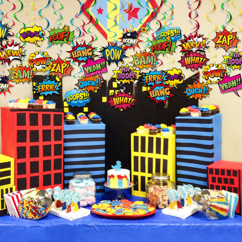 30-Pack Superhero Foil Hanging Swirls for Birthday Parties