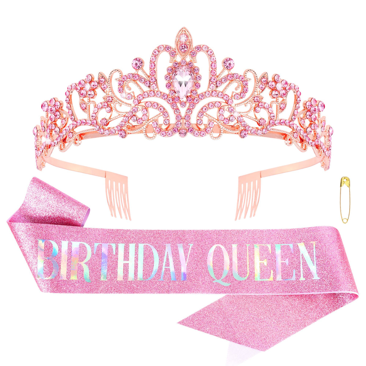 COCIDE Birthday Queen Silver Tiara & Glitter Sash Set