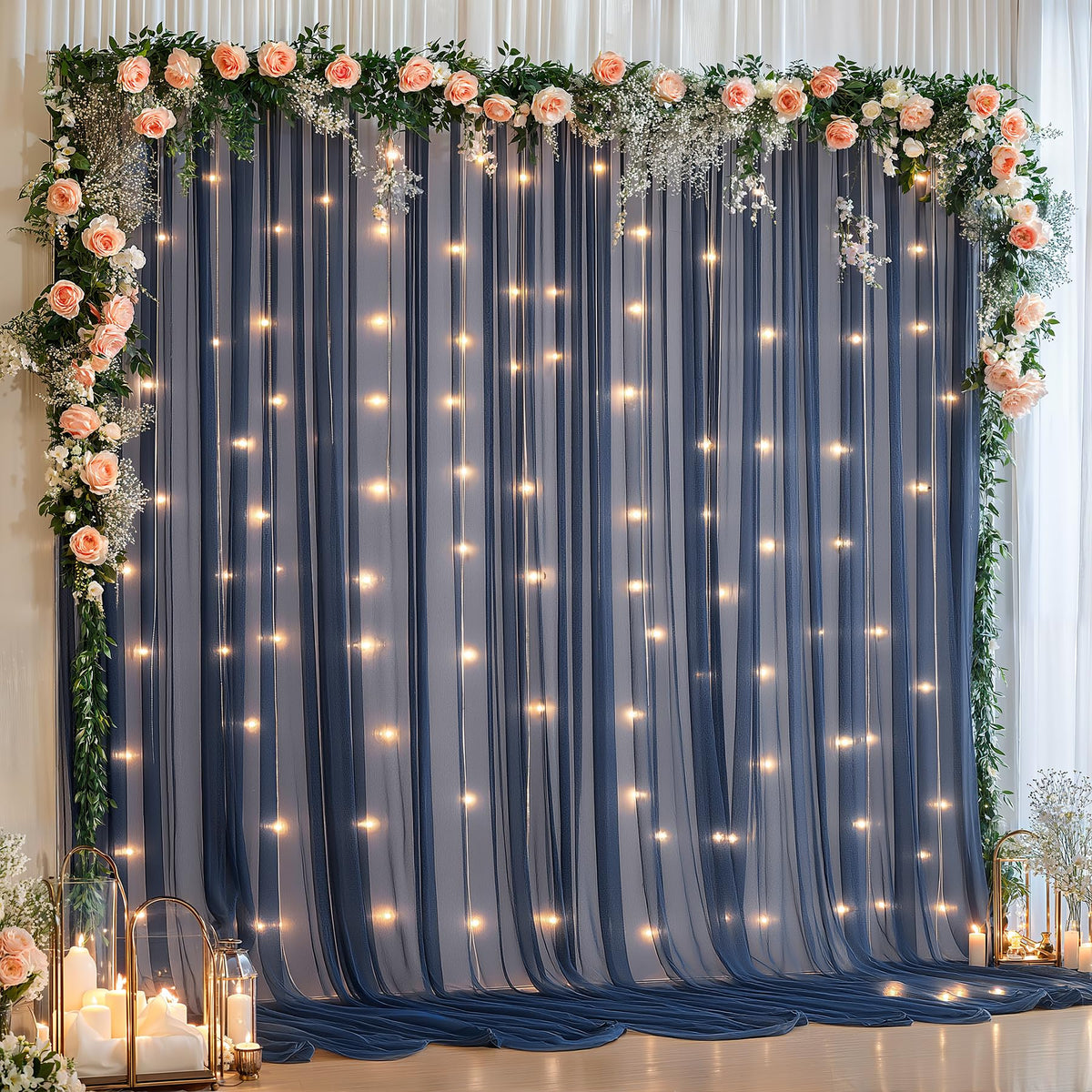 10x10FT Sheer Tulle Backdrop Curtain with String Lights